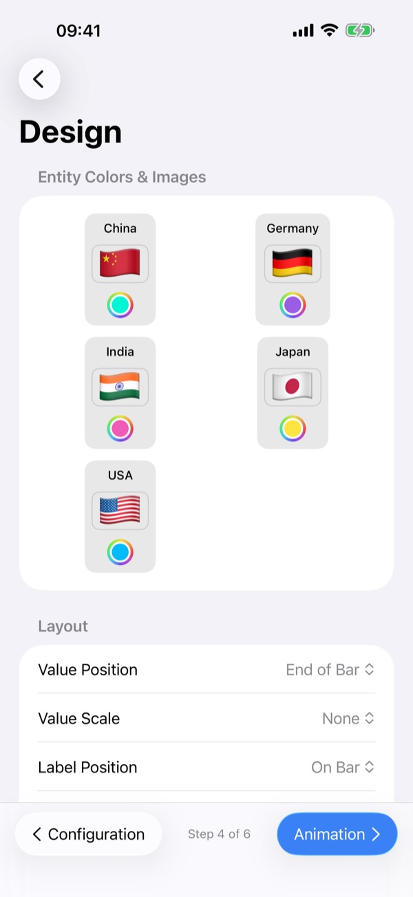Design settings in Chart Race with colours and image labels