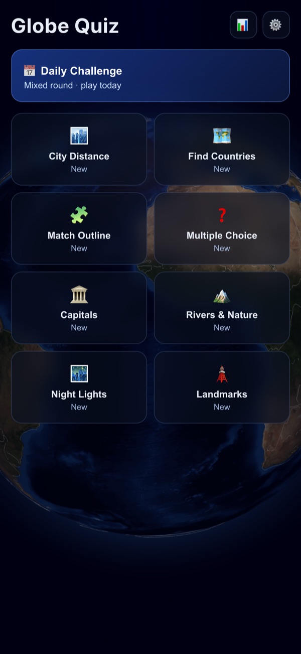 Globe Quiz 3D home screen with game modes