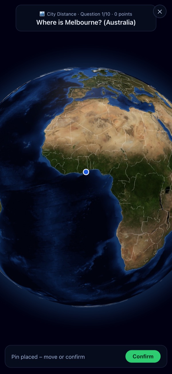 Globe Quiz 3D: guessing a city on the 3D globe