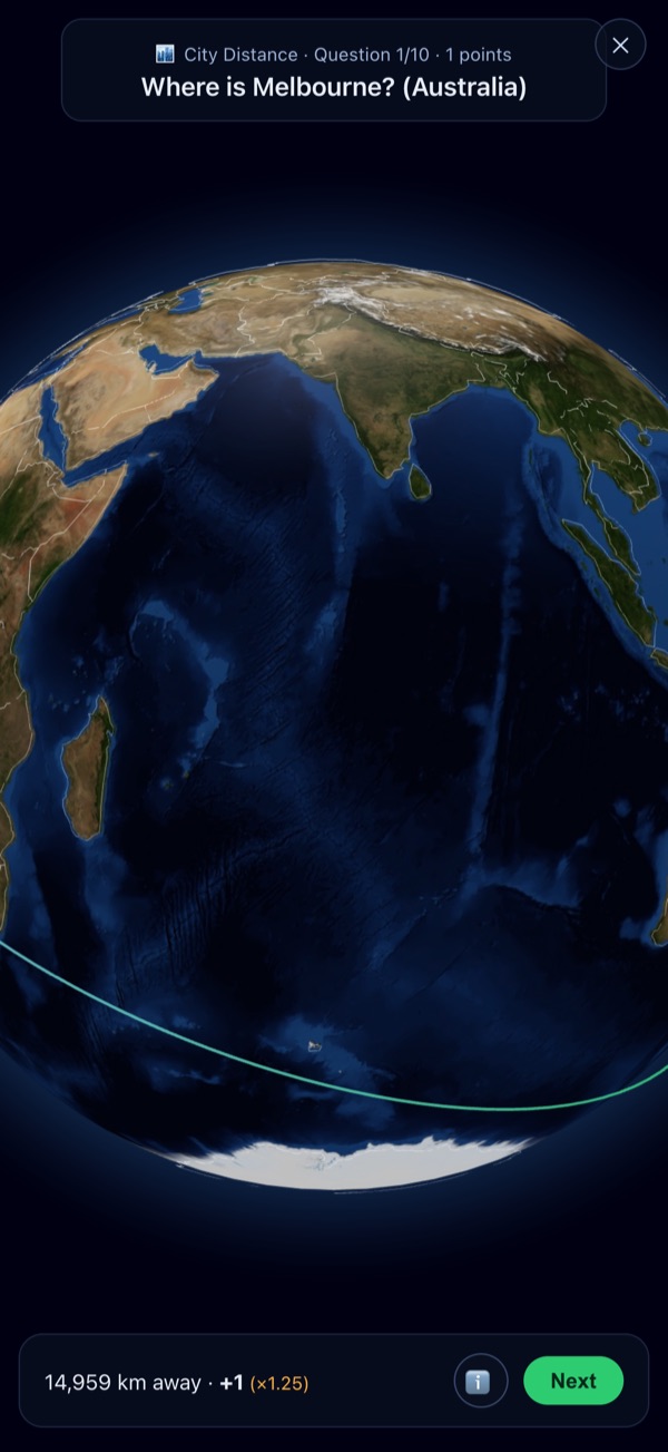 Globe Quiz 3D: the answer revealed on the satellite globe