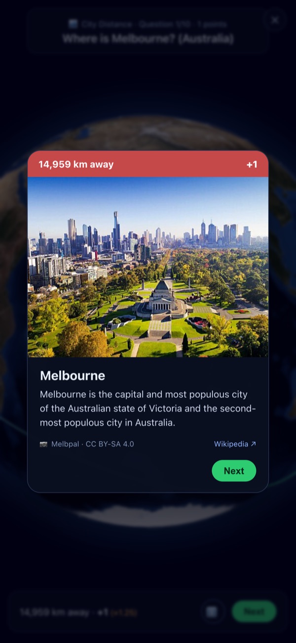 Globe Quiz 3D fact card with photo