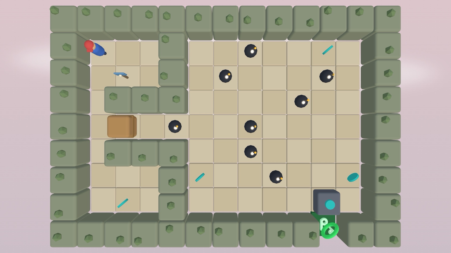 Low-poly playfield of Pixel: The Challenge from a bird's-eye view with a glowing Plenum portal