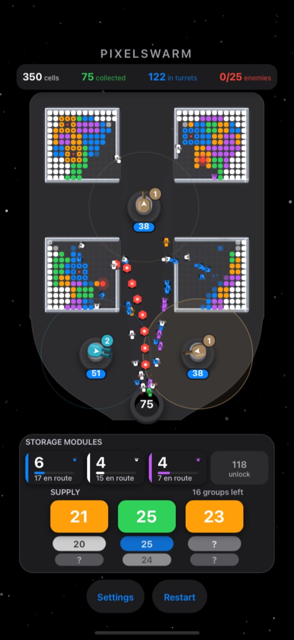 Pixelswarm level with four courtyards and corridors