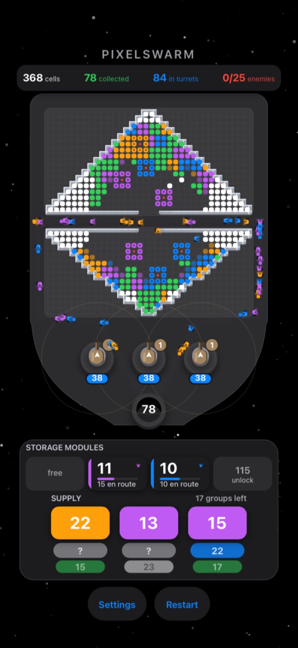 Pixelswarm diamond-shaped level with turrets