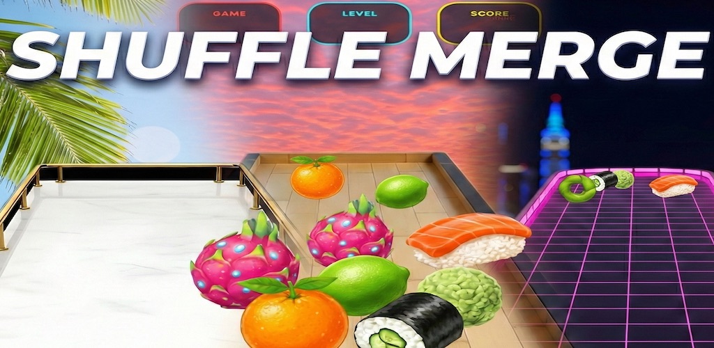 Shuffle Merge – fruit and sushi on a 3D shuffleboard