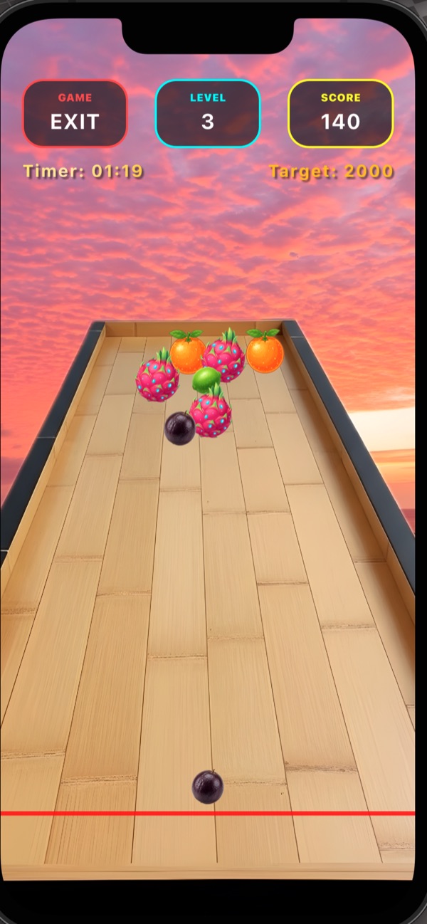 Shuffle Merge: fruit on a 3D shuffleboard