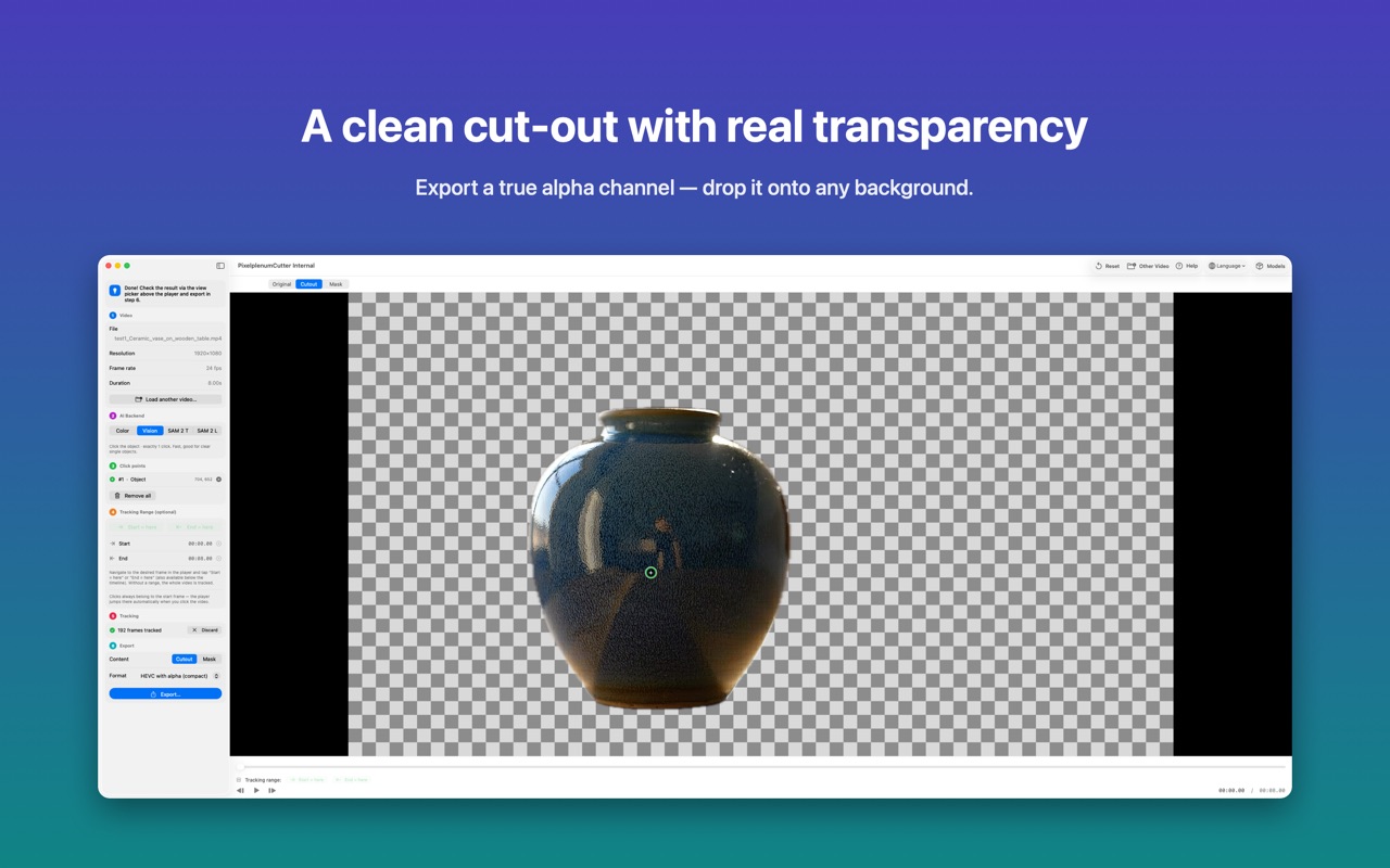 Video Cutout: clean cut-out with real transparency